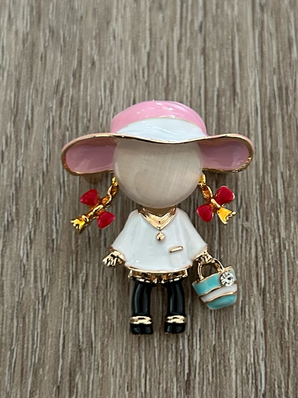White and Gold Little Girl Brooch with Pink Hat